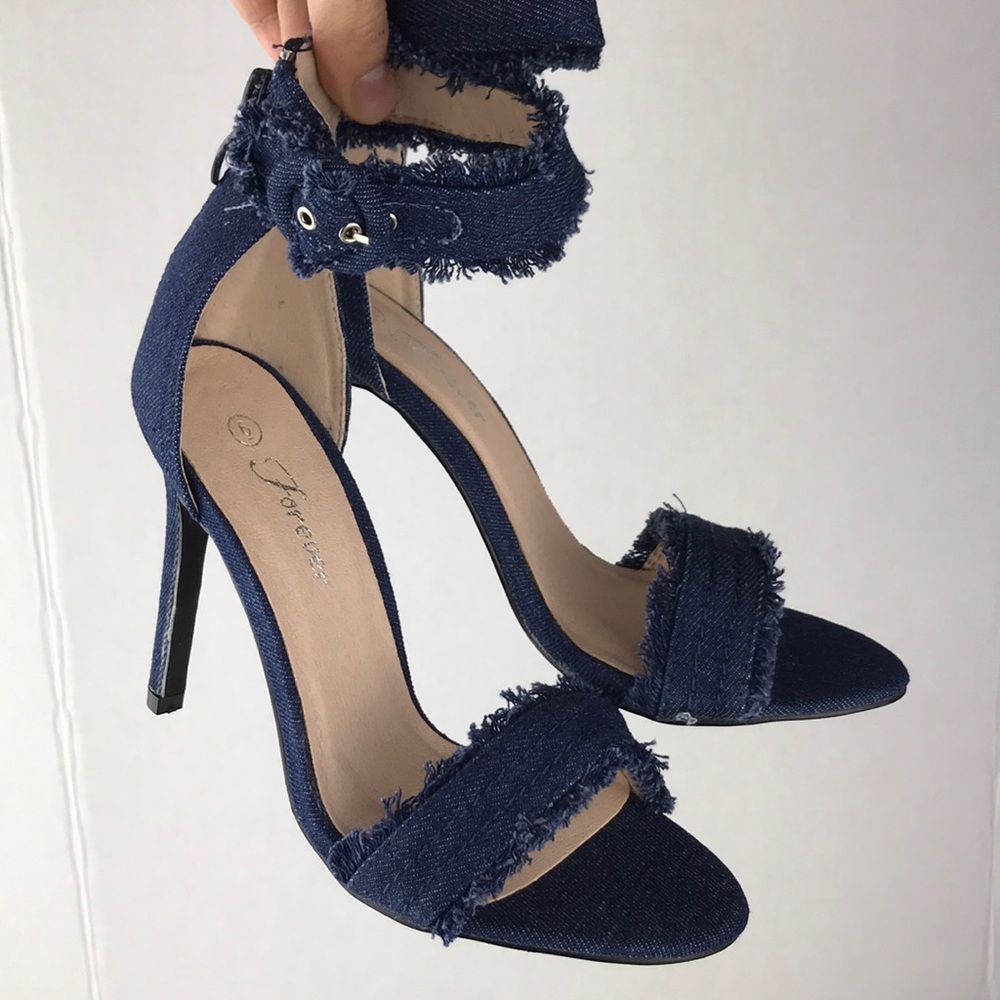 Dark Blue Distressed Denim Stiletto Heels. - Picture 3 of 8